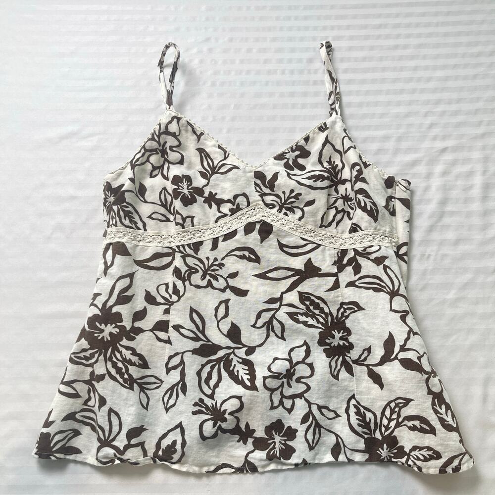 Bass Floral Linen Blend Cami Tank Top Brown Cream Boho Cottagecore Medium - Picture 9 of 10